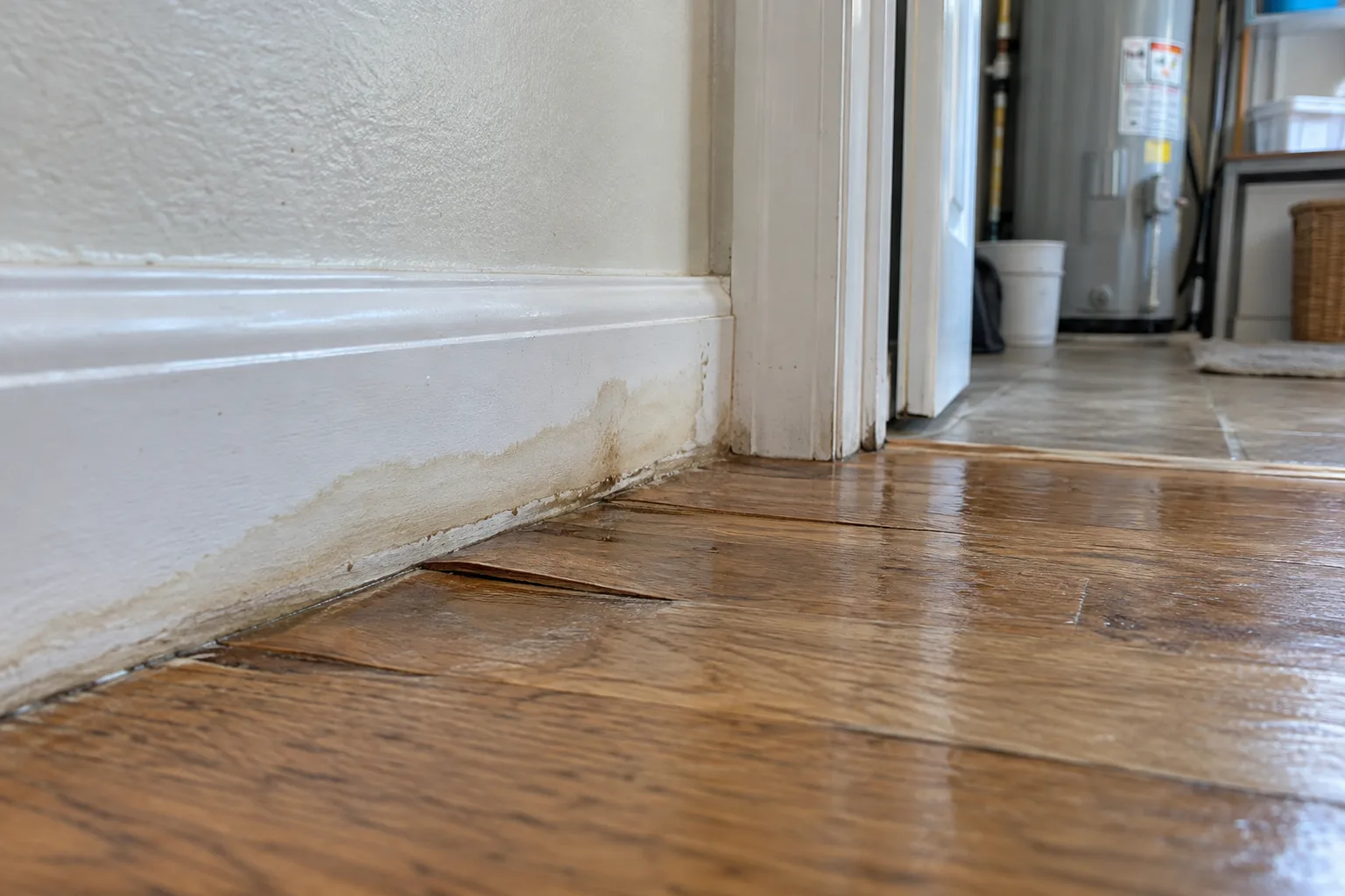 Illustration of stained trim and lifted wooden flooring