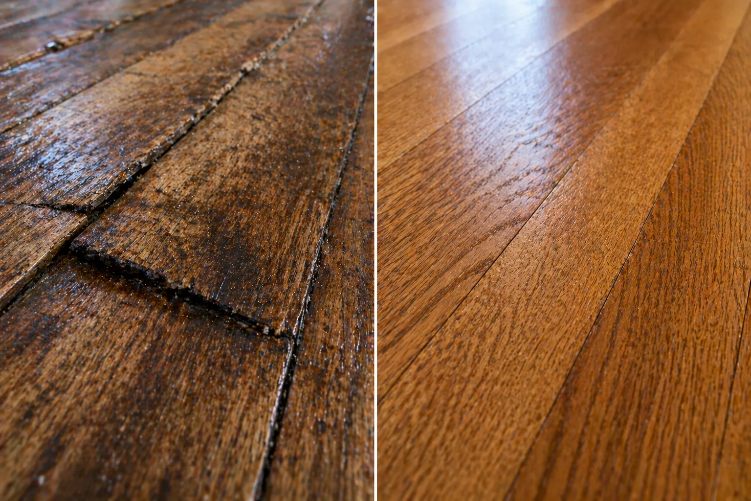 Illustrative comparison of damaged and intact wooden flooring